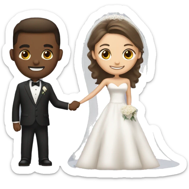 bride with long dark brown in off the shoulder dress and groom with light brown hair in dark suit sticker