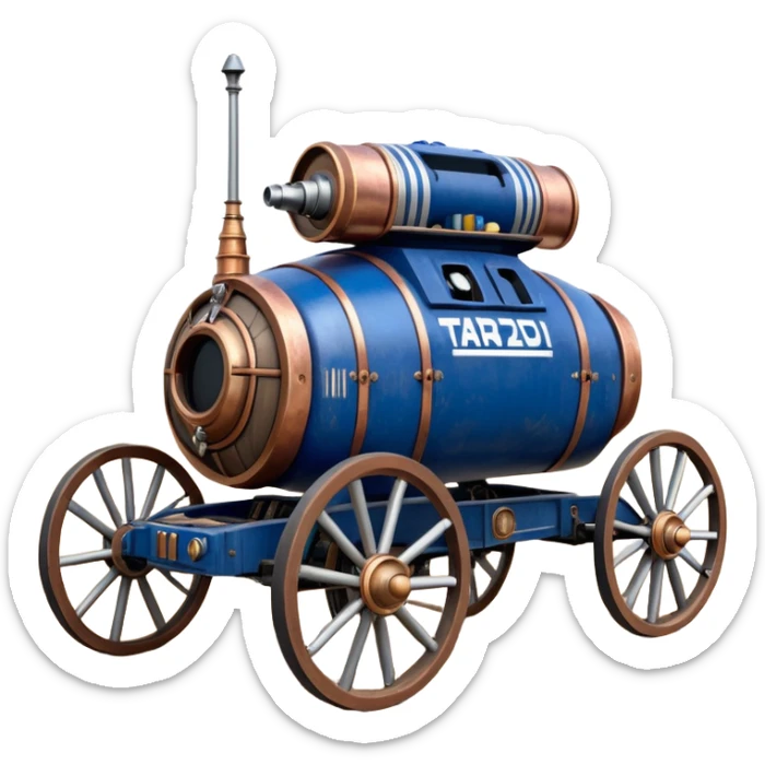 Old American West tarnished R2D2 bounty hunter 1854 delicately ornate rosegold accents painted dune buggy buckboard wagon powered by electric motors and batteries with safety features and belts flying rapidly across rough dusty terrain stable on strong agile futuresteampunk suspension and steering  sticker