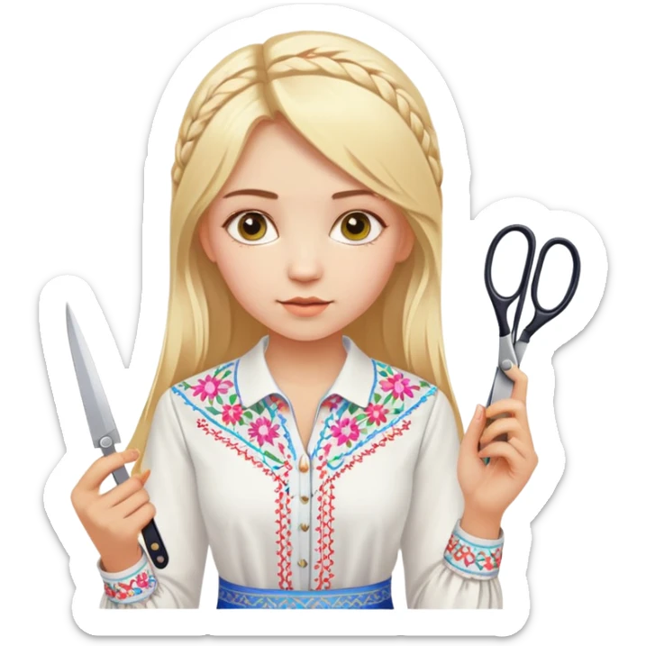Ukrainian young girl with blonde hair in a white traditional embroidered shirt (vyshyvanka) holding scissors in one hand and colorful paper in the other hand sticker