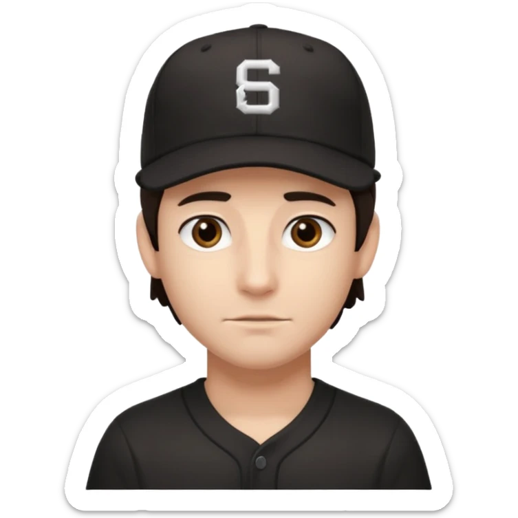 male, dark brown hair, dark brown eyes, fair skin, black baseball hat, no smile sticker