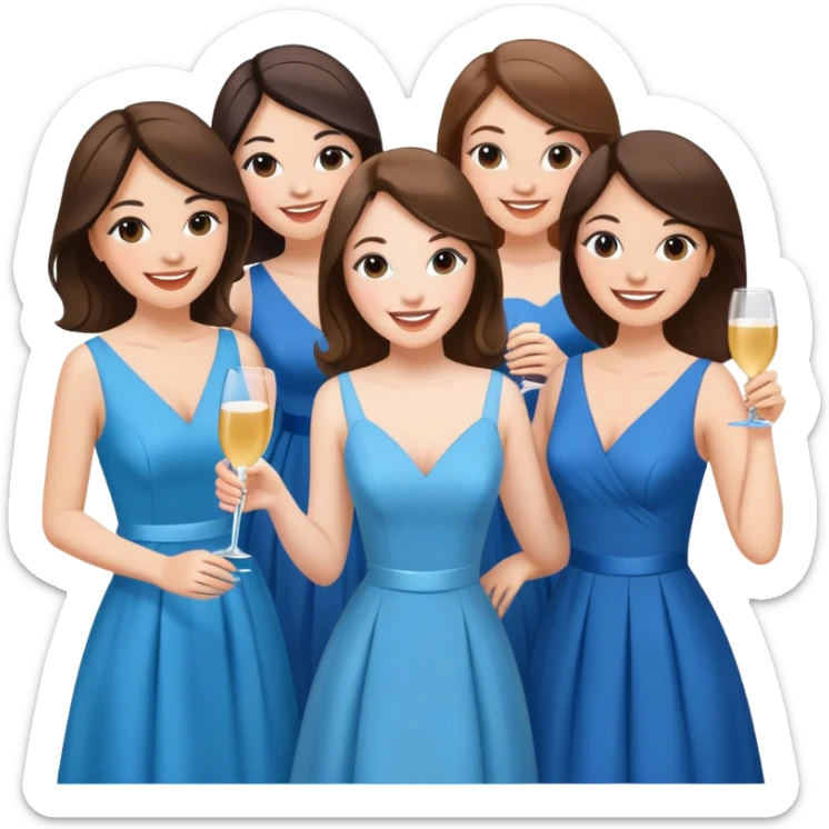 7 white girl friends all with brunette hair, bridesmaids, wearing diferente scooters with diferentes shared of blue partying sticker