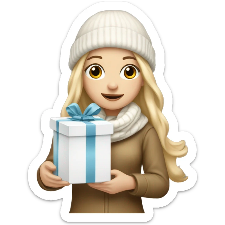Dirty blonde white girl holding a white gift with a gold ribbon wearing a white and tan beanie and scarf sticker