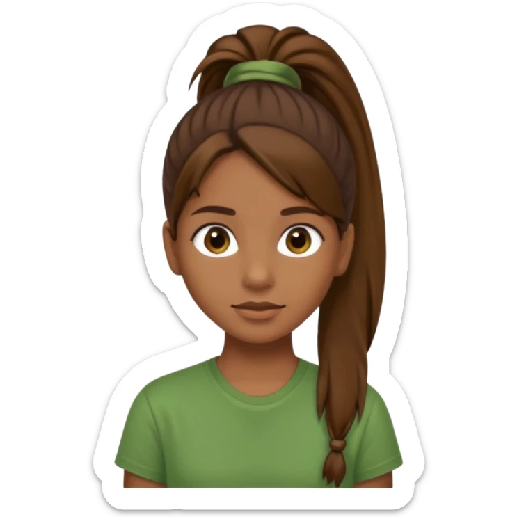Make a zumba coach emoji, brown eyes, brown hair girl, green shirt withe "the roots" on it, longer pony tail hair sticker