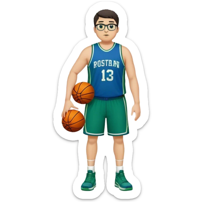 Full Body plus size tall white male with dark short hair basketball player wearing glasses wearing blue green uniform sticker