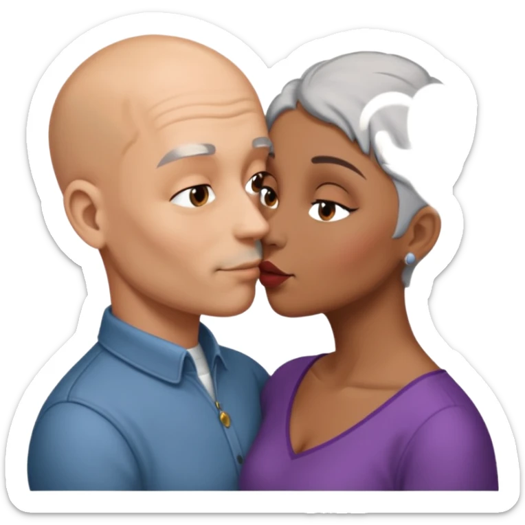 Bald man kissing brown  woman with   grey hair sticker