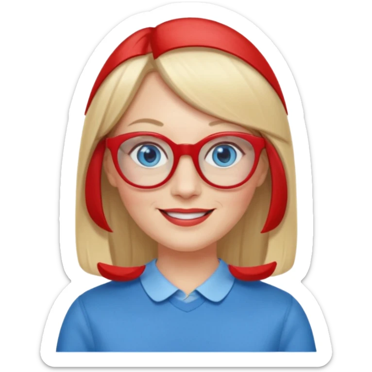 45 yr old white woman, pale skin, long straight blond hair parted in center, blue eyes, bangs, clothes for school, big red glasses, oval face sticker