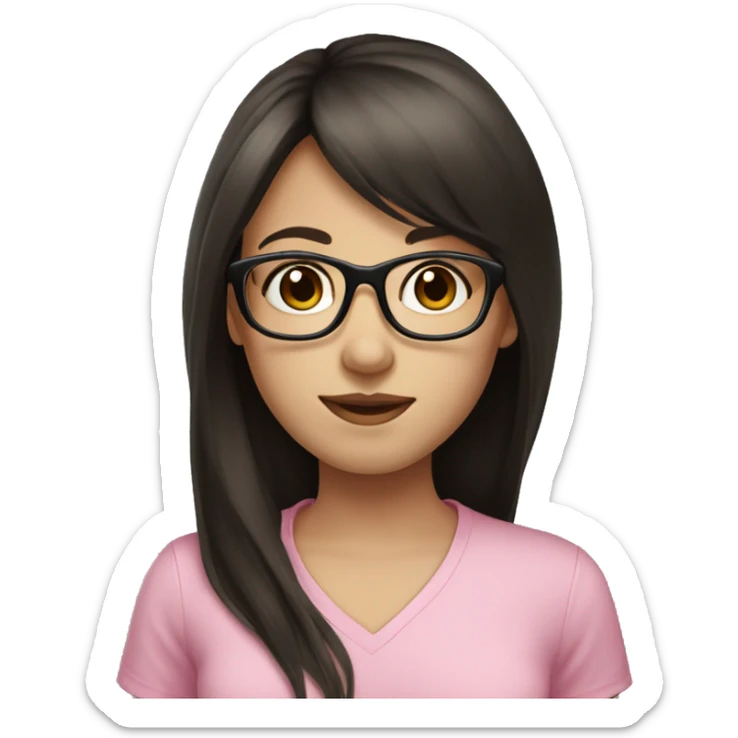 Girl with long dark brown hair and bangs and black glasses pale skin pink shirt sticker