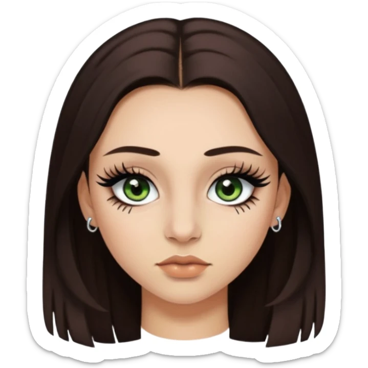 Y2k style Girl with: long, straight dark brown hair, green/ hazel eyes, nostril and septum piercing, fake eyelashes and eyeliner sticker