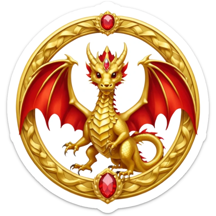 Golden Dragon with golden wings golden crest/brosch in a golden circle with red gems sticker
