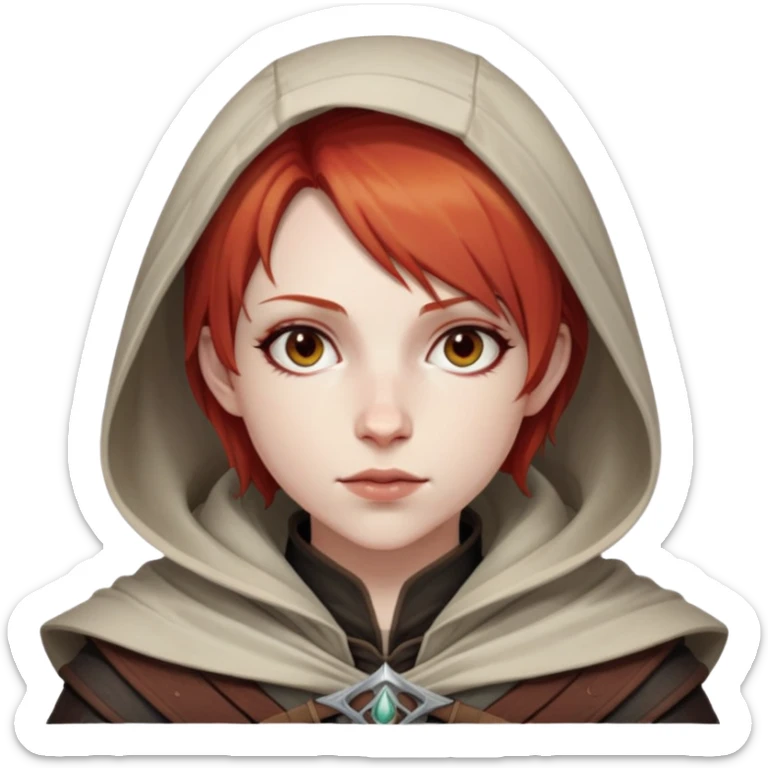 Leliana from Dragon Age with short red hair and hood sticker