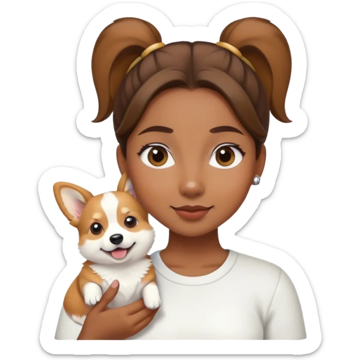 The girl with brown ponytail hair  holding a white corgi sticker