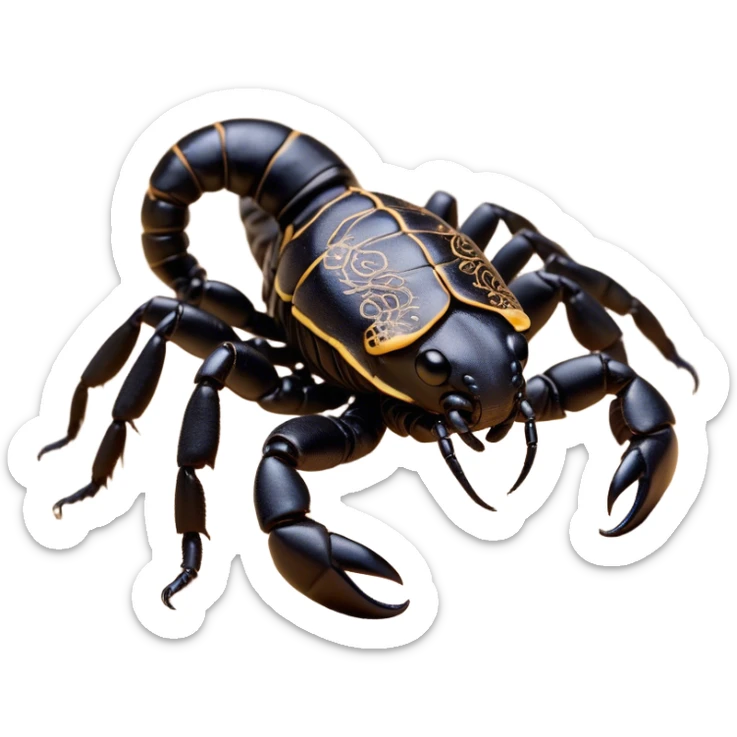Cinematic Cute Emperor Scorpion Portrait Emoji, Head tilted playfully and inquisitively, with a compact, rugged build and a sleek, dark exoskeleton highlighted by delicate, intricate patterns and round, sparkling eyes full of curious defiance, Simplified yet irresistibly adorable features, highly detailed, glowing with a warm, friendly glow, high shine, affectionate and quirky, stylized with a touch of desert whimsy, soft glowing outline, capturing the essence of a mischievous yet endearing scorpion that feels like it could pinch its way out of the screen into your arms! sticker