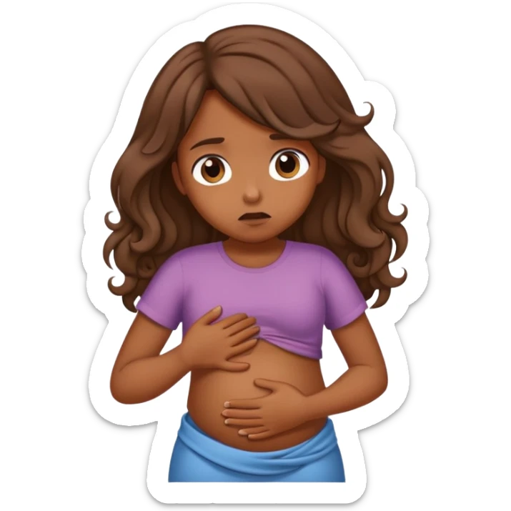 Girl with curled brown long length hair with belly ache sticker