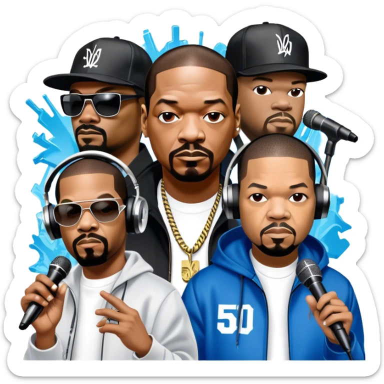 Icon for Rap Music: collage of rap legends—Snoop Dogg, Ice Cube, Dr. Dre, and 50 Cent. Iconic elements include microphones, headphones, and urban street elements like graffiti. Bold, energetic vibe with a hip-hop style. Transparent background. sticker