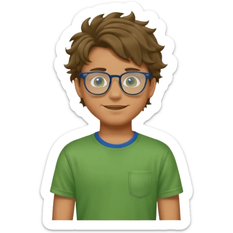 A teenage boy, tanned with glasses, wearing a green t-shirt , blue jeans and green sneakers with brown wavy tousled hair, smirking, wearing a green face mask sticker