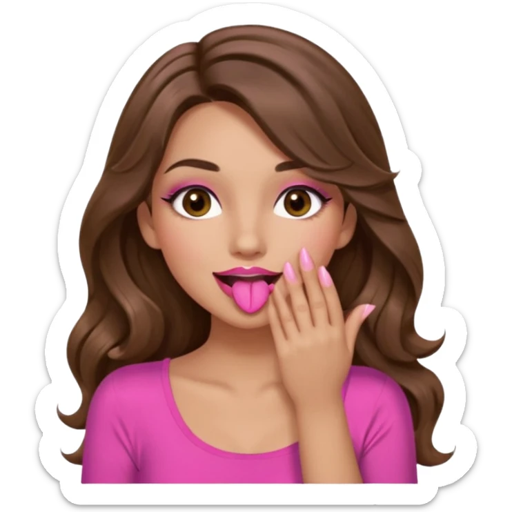 girl with long wavy brown hair, brown eyes, long lashes makeup, sexy pink lips, light to medium complexion, wearing a pink sexy top, sexy, giggling hand covering mouth sticker