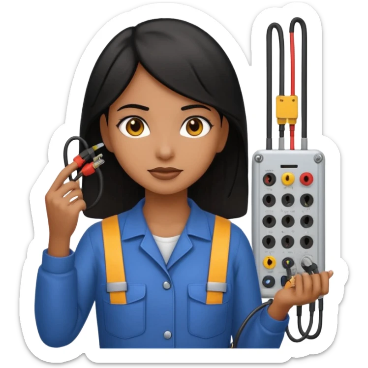 emoji of a brown girl with black hair electromechanical technician adjusting electrical wires,  emoji style, large size sticker