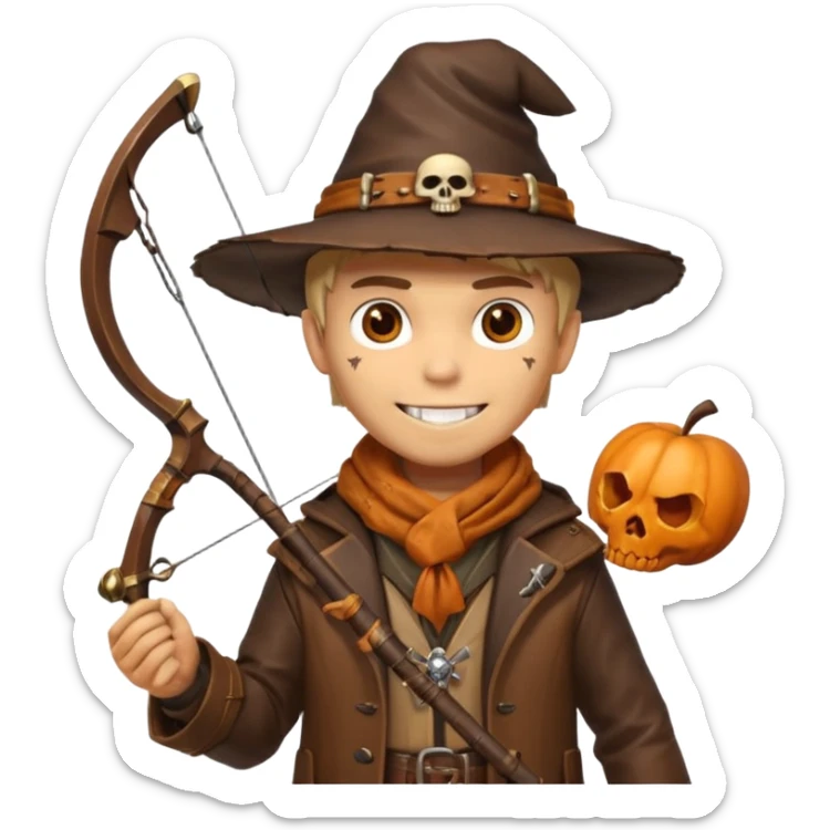 male human monster hunter emoji, wearing brown leather coat and wide hat, holding crossbow, with amulet shaped like skull, Halloween fantasy theme, confident smile, orange scarf, Apple emoji style, clean white background, square image sticker