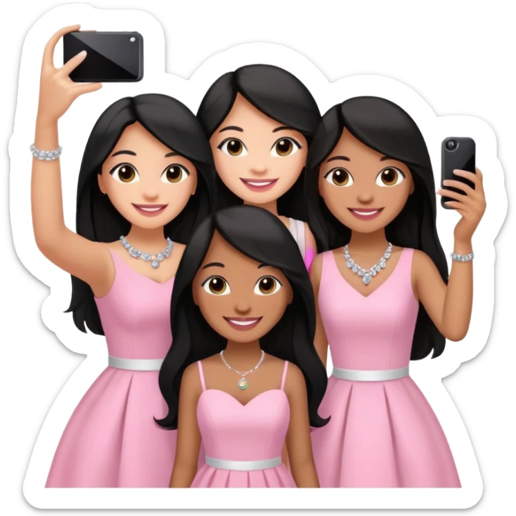 Just 3 besties with professional glammed up looks wearing pink and white, all medium skin tone smiling big with black long hair. Very girly wearing jewelry, taking a selfie  sticker