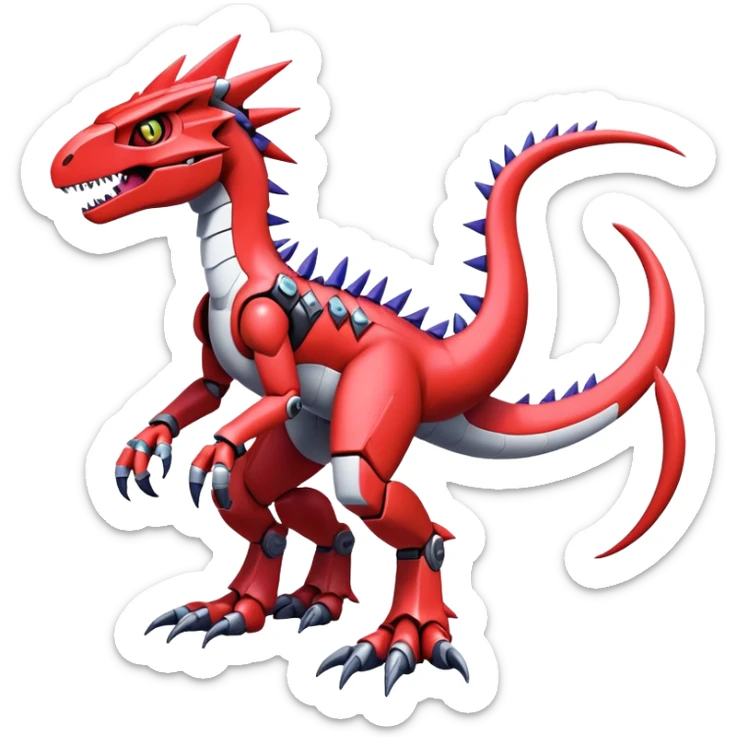 Spiky Cool Edgy Futuristic shiny colorful Digimon-Fakemon-Guilmon-Velociraptor-Mecha, full body, two legs sticker
