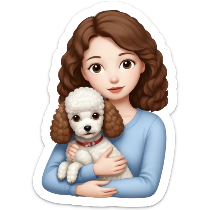 Beautiful woman with pale skin and brown hair hugging a white poodle dog sticker