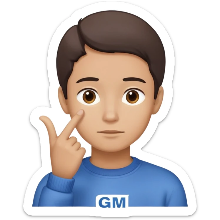 I want to create an emoji with a face that embodies the atmosphere of General Motors. The emoji should be wearing a blue jumper with the GM logo and have a thoughtful expression and gesture. sticker