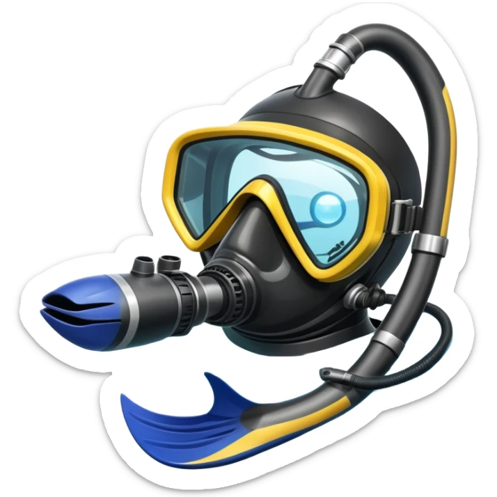 An icon featuring a close-up of a scuba mask, snorkel, and diving fins, with bubbles rising from the gear. The design includes a wetsuit and underwater light rays filtering through the water. Transparent background highlights the essence of diving and underwater exploration. sticker