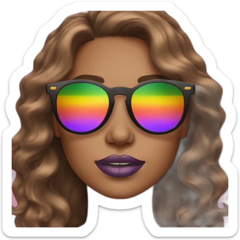 gay pride sunglasses on female head with wavy brown hair and rainbow lipstick sticker