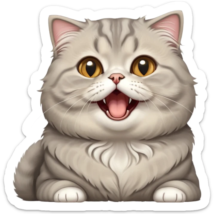 Cinematic-Adorable-Scottish-Fold-Cat-Portrait-Emoji – Big-eyed, fluffy Scottish Fold cat with a playful head tilt and a cute yawn, soft solid grey fur, tiny folded ears giving it an irresistibly sweet expression, simplified yet charmingly cute features, round amber eyes full of curiosity, highly detailed with a gentle glow. sticker