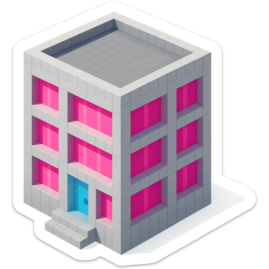 Russian panel apartment building, square block, light gray, large pink windows, isometric view sticker