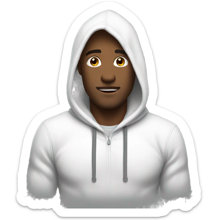 An emoji of a handsome man wearing a white hoodie, standing confidently with a friendly and relaxed expression sticker