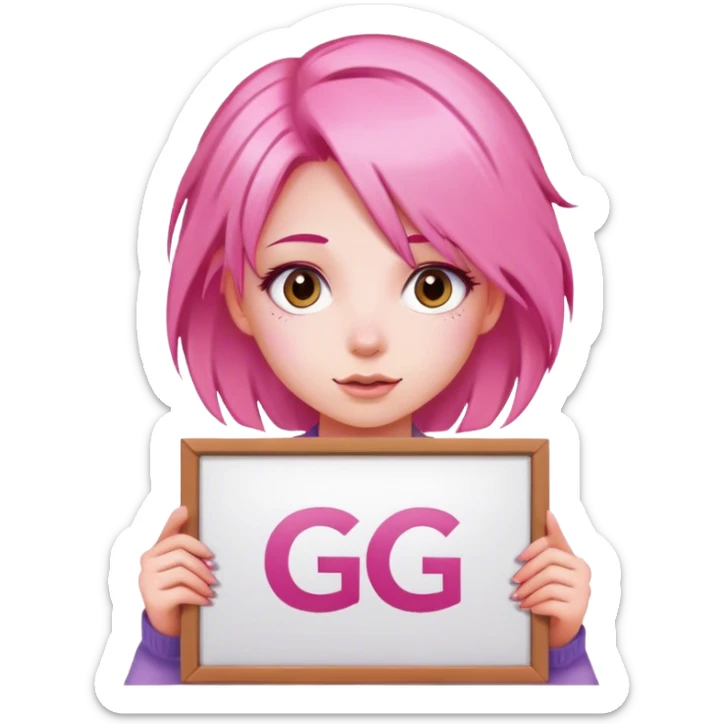 girl with pink hair, big sign, sign says "GG" sticker
