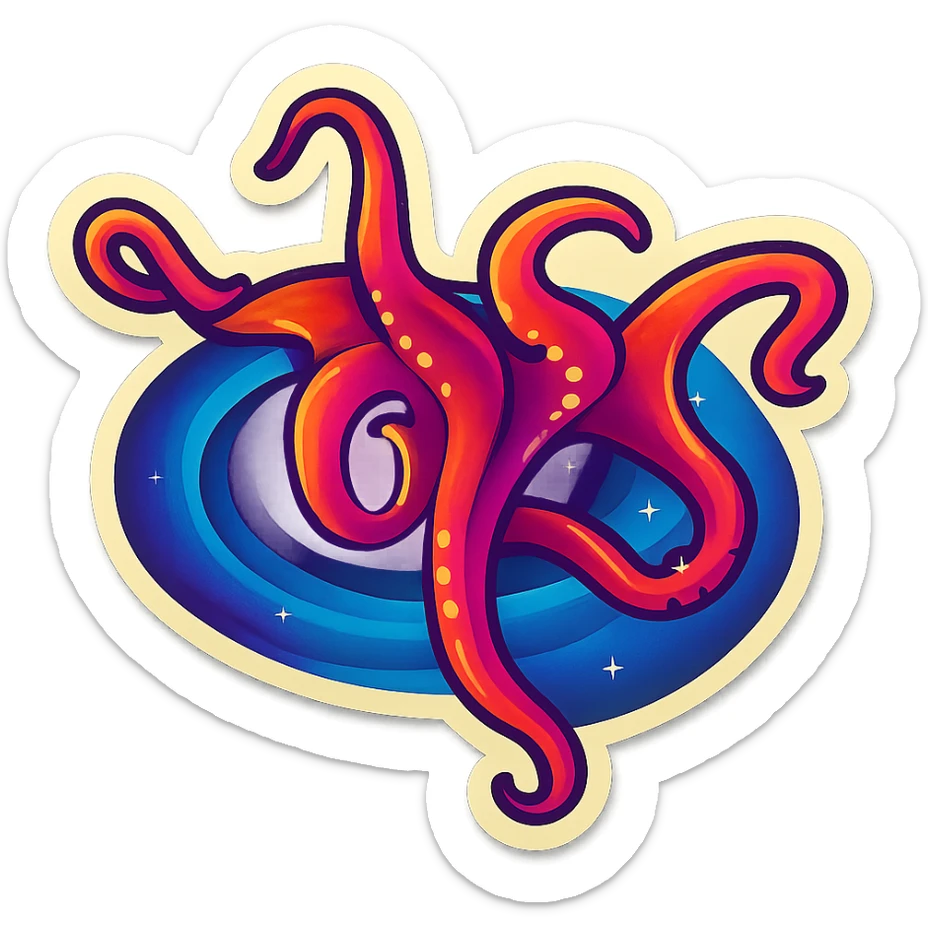 Edit the image to depict tentacles coming out of a black hole in a retro sticker style with vibrant colors and a dynamic composition. The image should have no background (transparent). sticker