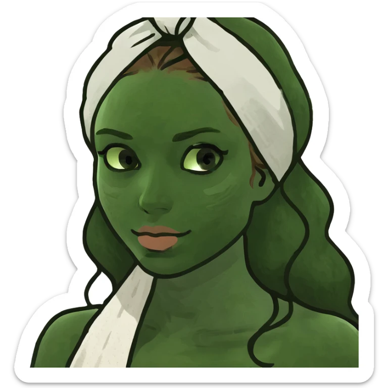 girl long wavy light brown hair in towel with a clay mask on face sticker