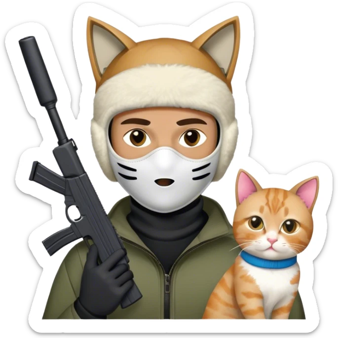 A man wearing a ski mask holding a Glock 19 in the ski mask has cat ears, and a cat ski mask sticker