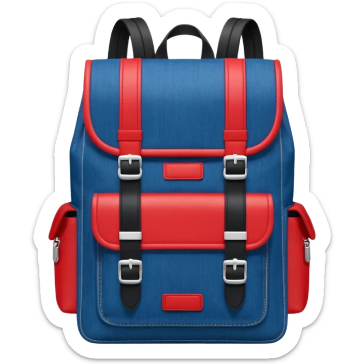 Minimalist emoji-style icon of a stylish blue denim backpack with a flap top, two vertical black buckle straps, a large red-white-navy horizontal block in the center, and two zipper side pockets. Inspired by Tommy Jeans design. Front view, cartoon-like, clean design.

 sticker