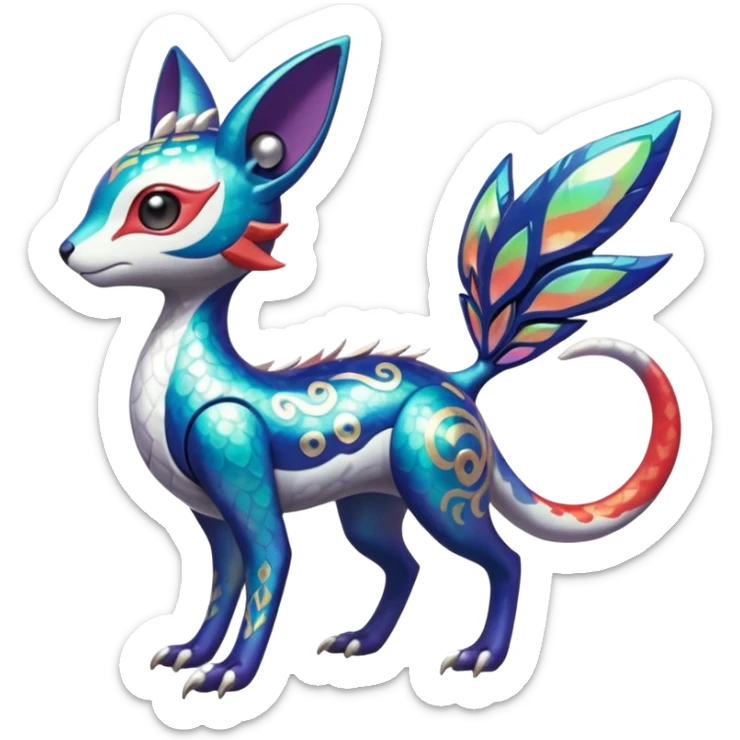 Shiny Colorful Tropical Futuristic Oriental Painted Asian Vernid-Trico-Meloetta-Latias-Koraidon-Peppercat-Protogen-Pokémon-Digimon-Fakémon-fusion-hybrid-creature sticker