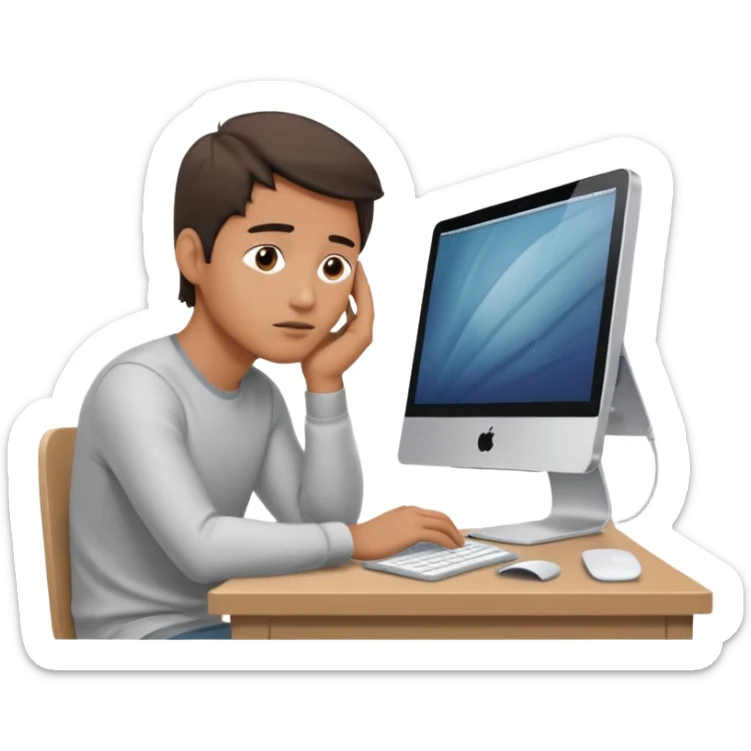 emoji of a man sitting at the table with an imac on it, a man is sitting in a very thoughtful pose, he has his hands on the table and his head resting on themб he look into the screen of imac sticker