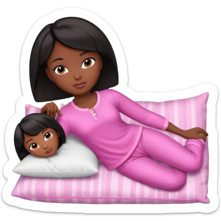 Dark skin Black barbie, short  black bob  hair, pink pajamas laying on pillow  sticker