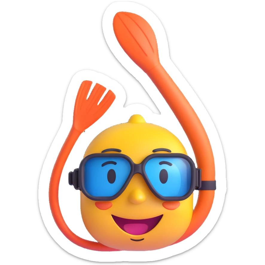 3D smiley emoji, round shape, wearing diving goggles and snorkel, sporty face, transparent background (diving) sticker