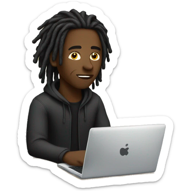 Black-guy-with-dreads-wearing-black-trackstuit-sitting-down-on-chair facing-foward-focused-on-laptop-computer- sticker