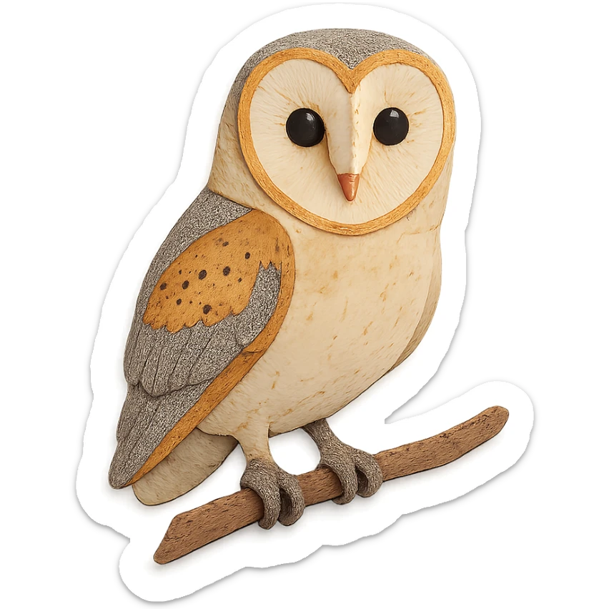 close-up of a barn owl perched on a branch, fine paper edges, heart-shaped facial disk, soft feather patterns sticker