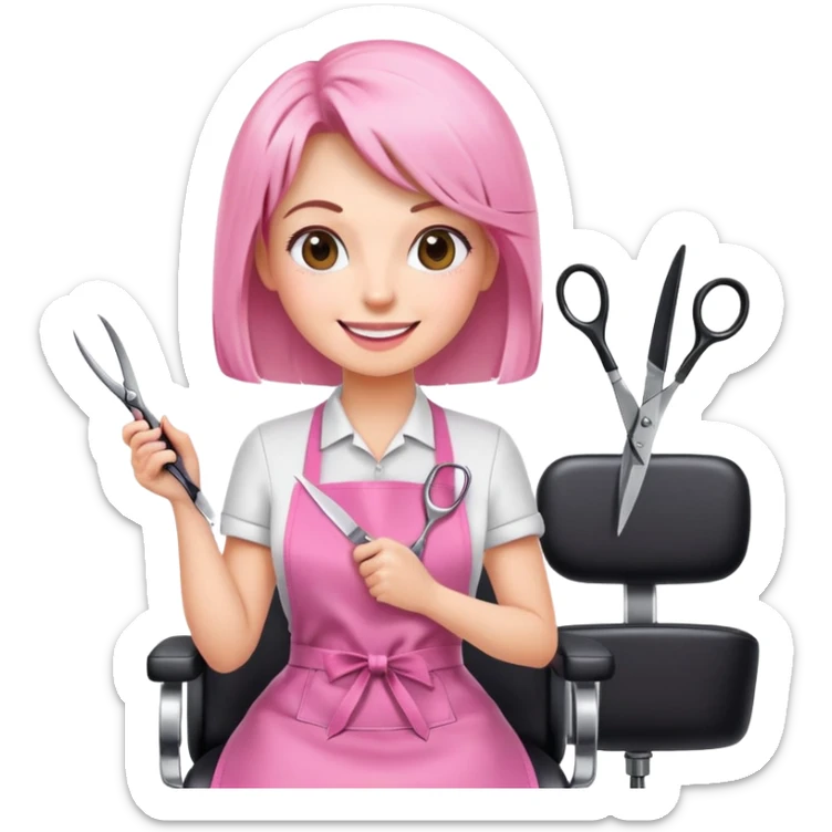 happy woman client in pink apron sitting in salon chair, female hairstylist smiling behind her with scissors sticker