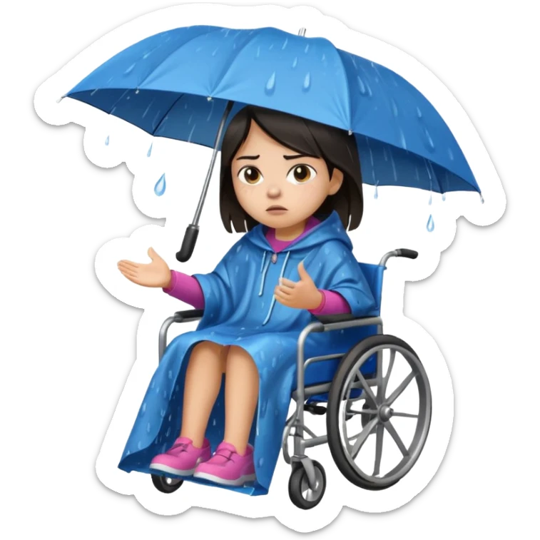Girl with dark hair  in a wheelchair with rain poncho mad with raining  sticker