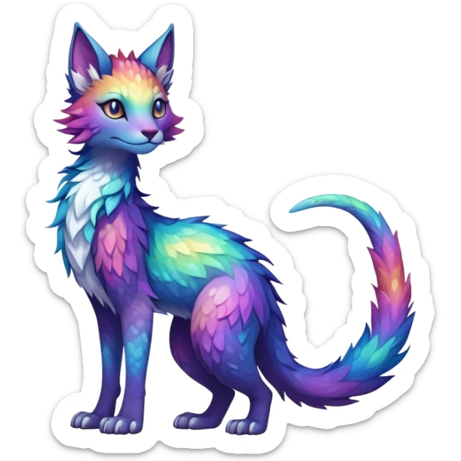 Kawaii dark rainbow iridescent fantasy ethereal feline-vernid-sergal-fursona animal creature with a tufted tail full body with intricate markings sticker