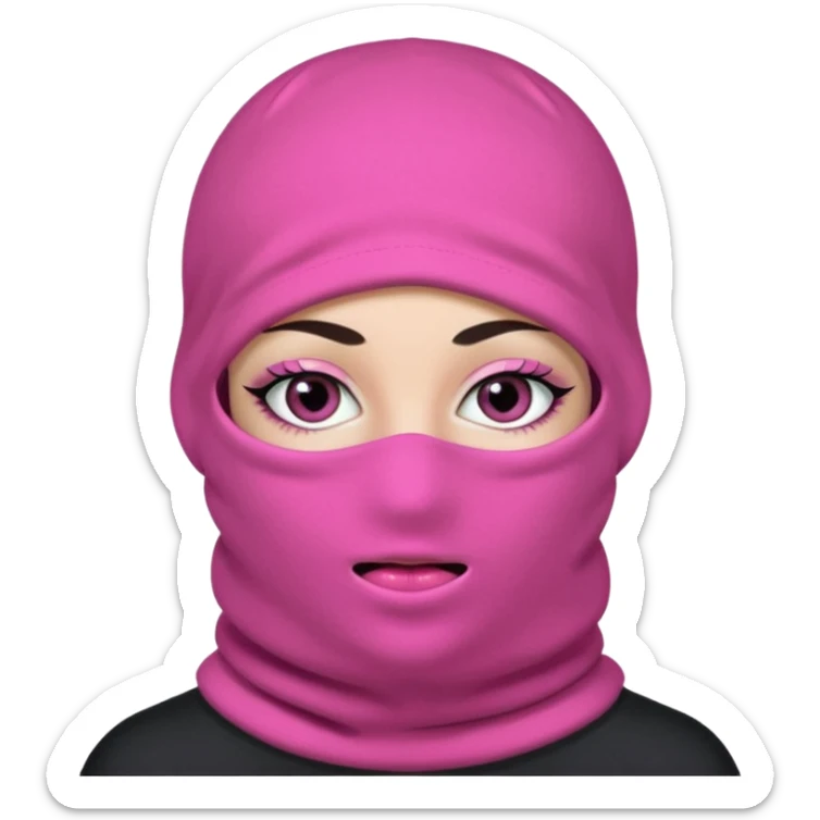 baggy stylish 3 hole balaclava pink in colour with girly eyes showing through the eye holes of the balaclava with beautiful eyelashes on  sticker
