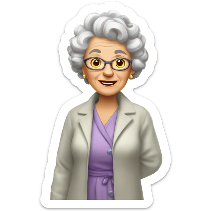“An elderly woman with curlers in her hair, wearing a housecoat, standing in a cozy home setting.” sticker