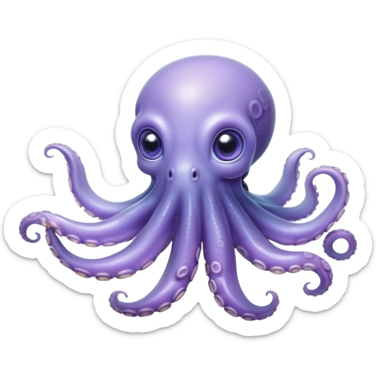 Cinematic Noble Baby Octopus Portrait Emoji, Poised and graceful, with a soft, rounded, slightly translucent body in a dreamy light blue-purple hue, large, glistening eyes full of quiet intelligence and mystery, delicate, flowing tentacles curling gently, Simplified yet sophisticated features, highly detailed, glowing with a soft, ethereal oceanic radiance, high shine, elegant and serene, stylized with an air of deep-sea wonder, focused and tranquil, soft glowing outline, capturing the essence of an otherworldly, intelligent little cephalopod, floating effortlessly in the gentle ocean currents! sticker