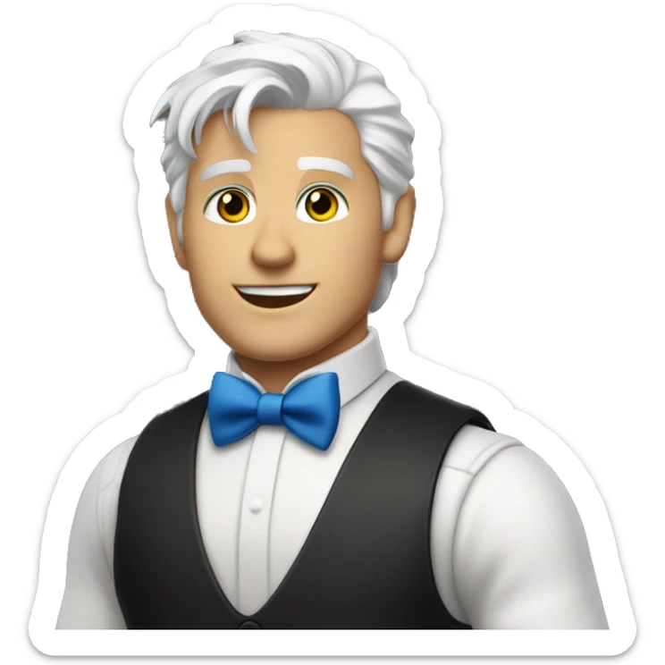 Handsome bartender with white hair and blue eyes. White shirt with black vest and a red bowtie sticker