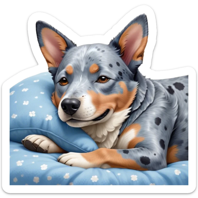 Meme-Worthy Cute Sleeping Blue Speckle Australian Cattle Dog Portrait Emoji, Head resting peacefully with a contented smile, showcasing a robust build and a luxuriously soft blue speckle Fur, eyes shut in a serene nap, Simplified yet hilariously adorable features, highly detailed, glowing with a soft, drowsy light, high shine, relaxed and utterly lovable, stylized with an air of playful laziness, bright and heartwarming, soft glowing outline, capturing the essence of a comically sleepy herder, so meme-worthy it feels like it could instantly become the next viral sensation of adorable slumber! sticker
